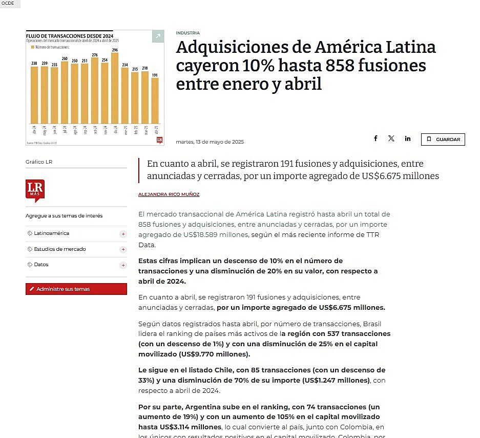 Adquisiciones de Amrica Latina cayeron 10% hasta 858 fusiones entre enero y abril